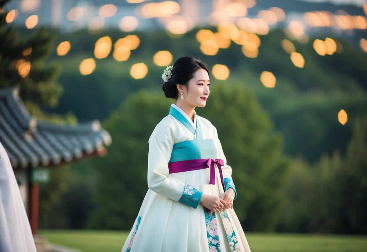 An elegant A-line dress with Hanbok-inspired details, perfect for a wedding guest