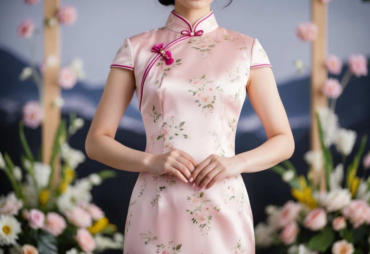 A pastel pink silk cheongsam adorned with delicate floral patterns, set against a backdrop of Korean wedding decor