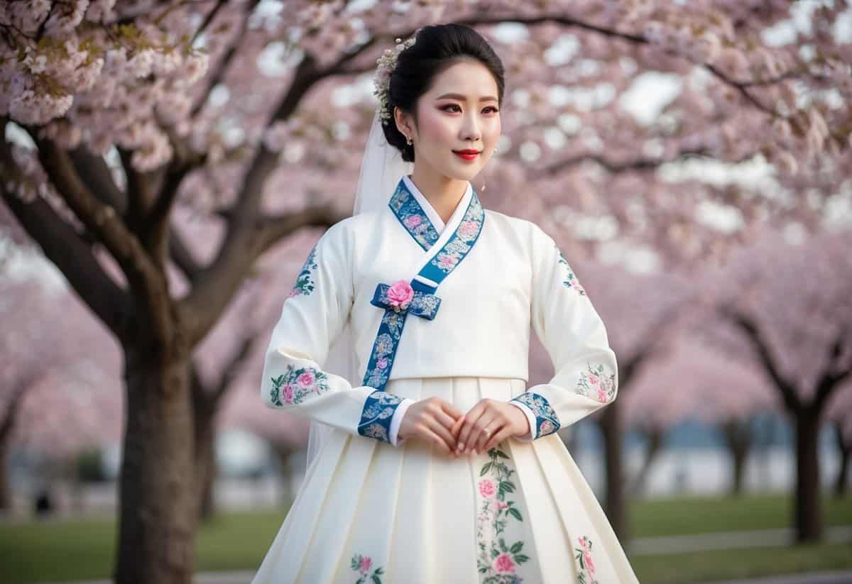 A bride in a traditional Hanbok-inspired long-sleeve Korean wedding dress, adorned with intricate embroidery and delicate floral patterns, standing against a backdrop of cherry blossom trees in full bloom