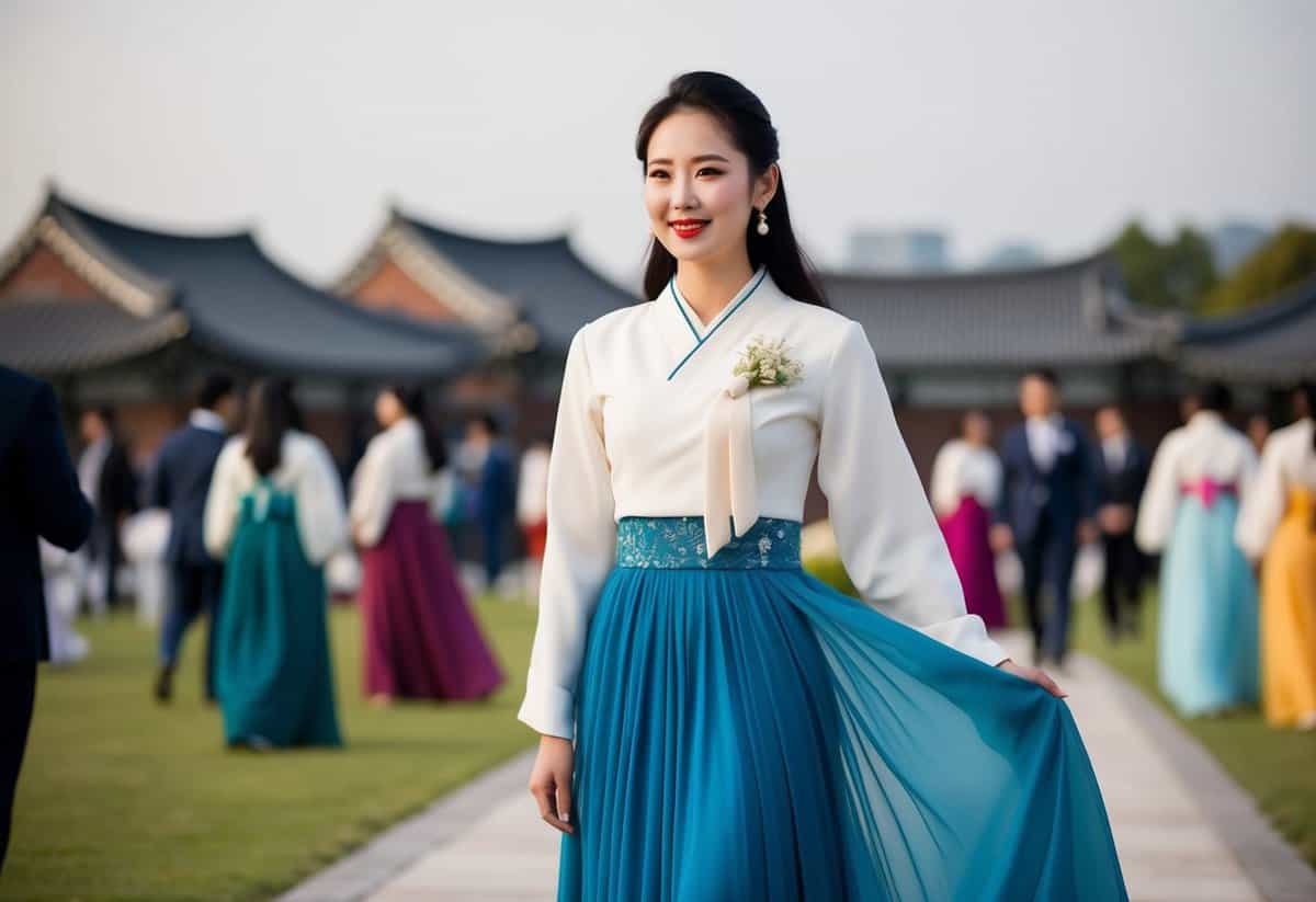 A modernized Jeogori top with a flowy skirt, creating an elegant Korean dress for a wedding guest