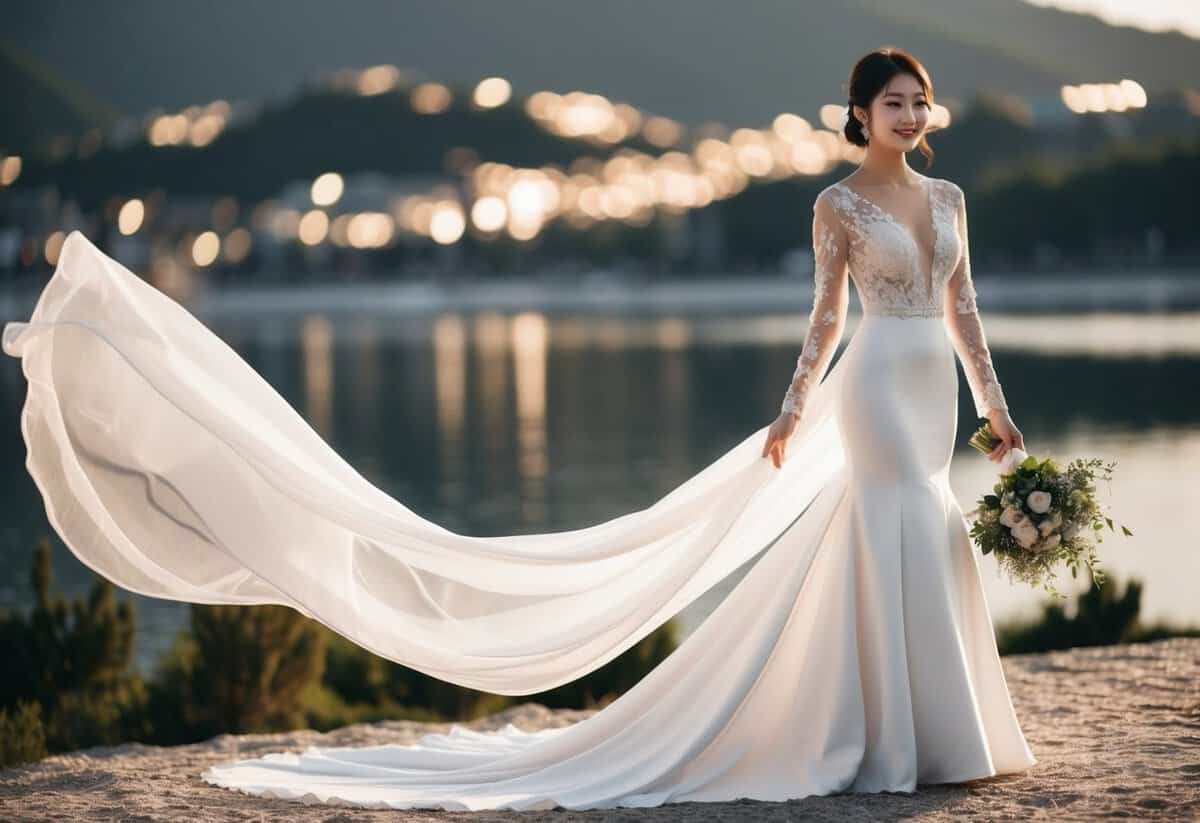 A flowing, long-sleeve mermaid-style dress with Korean wedding inspiration