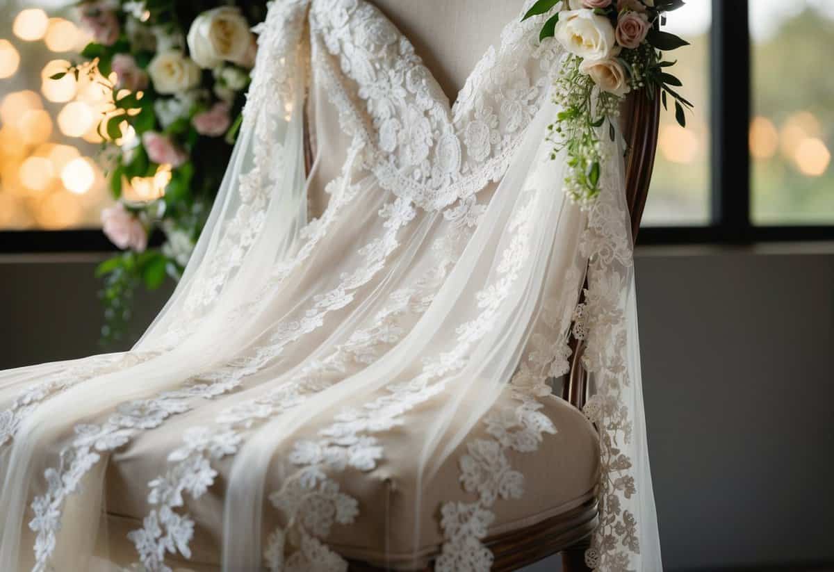 A lace-embellished Chima gown draped over a chair, with soft lighting and floral accents