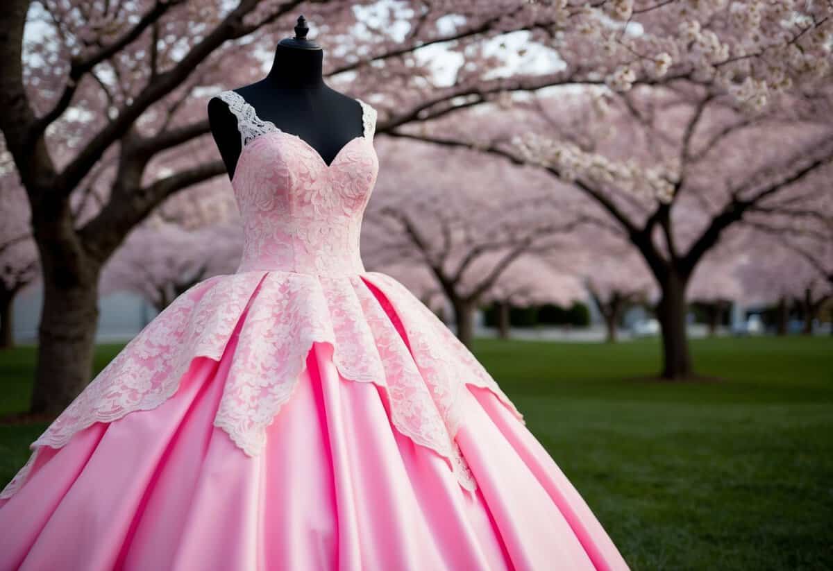 A bubblegum pink ball gown with lace overlay, set against a backdrop of cherry blossom trees in full bloom