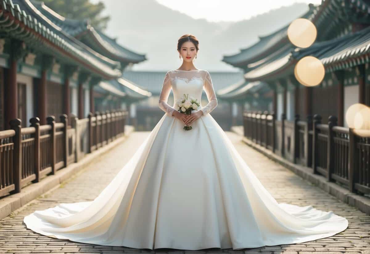 An elegant A-Line dress with a long train, featuring long sleeves, inspired by Korean wedding fashion