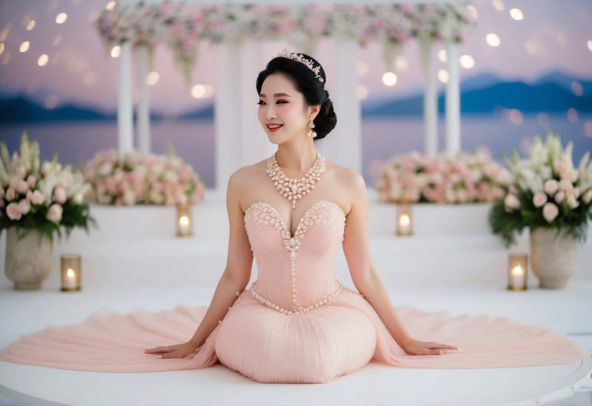 A pale pink mermaid dress adorned with pearls and crystals, set against a dreamy Korean wedding backdrop