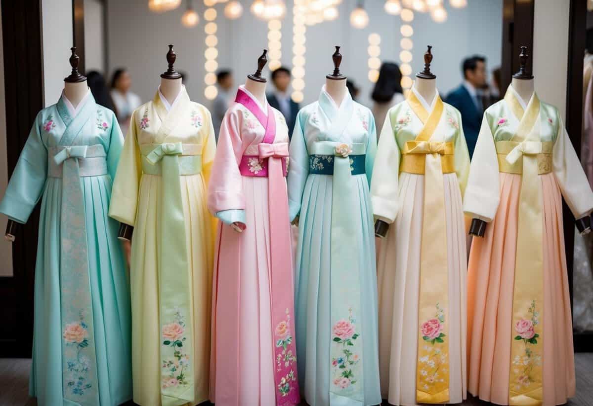 A group of pastel-colored Hanbok dresses displayed on elegant mannequins for a wedding guest