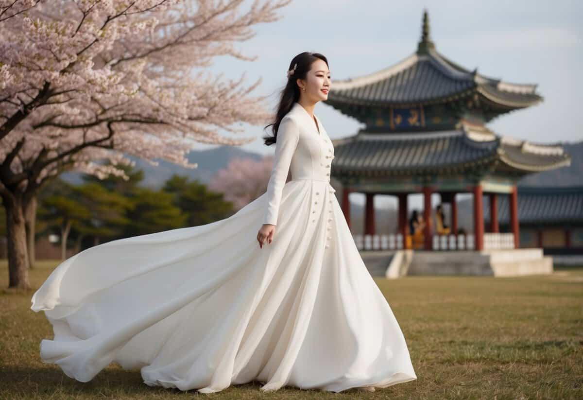 A long-sleeved chiffon gown with pearl buttons, flowing gracefully in the wind, set against a backdrop of cherry blossoms and a traditional Korean wedding structure