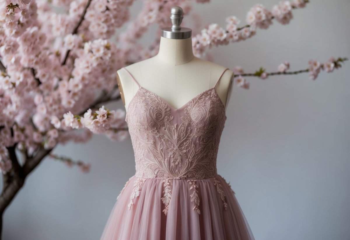 A mannequin displays a dusty rose A-line dress with a tulle skirt, adorned with delicate lace and intricate embroidery, set against a backdrop of soft pink cherry blossoms