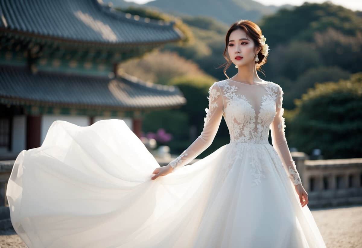 A flowing, long-sleeve bridal dress adorned with delicate floral appliqués, inspired by Korean wedding fashion