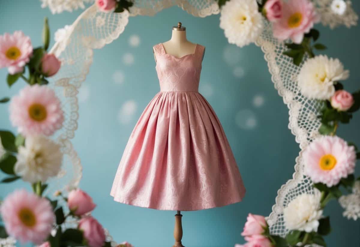 A vintage pink tea-length dress with brocade fabric hangs on a mannequin, surrounded by delicate lace and floral accents