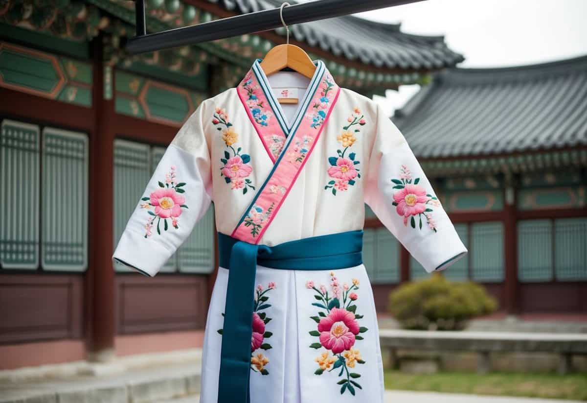 A floral-patterned Hanbok displayed on a hanger, with delicate embroidery and vibrant colors, set against a backdrop of traditional Korean architecture