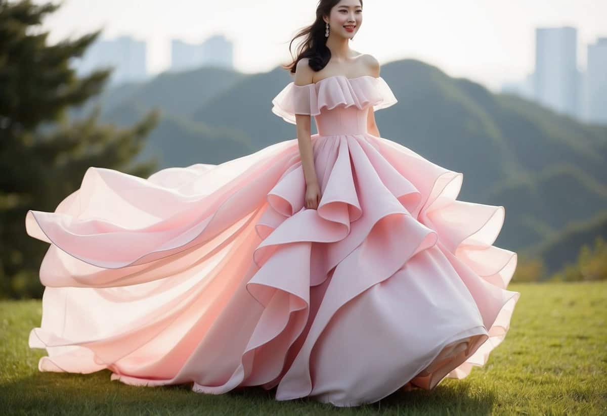 A soft pink off-shoulder gown with cascading ruffles, inspired by Korean wedding dress designs, flowing gracefully in the breeze