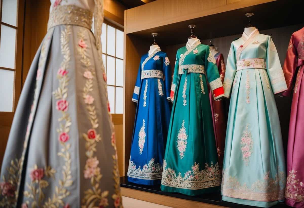 A display of embroidered silk dresses in a Korean wedding setting