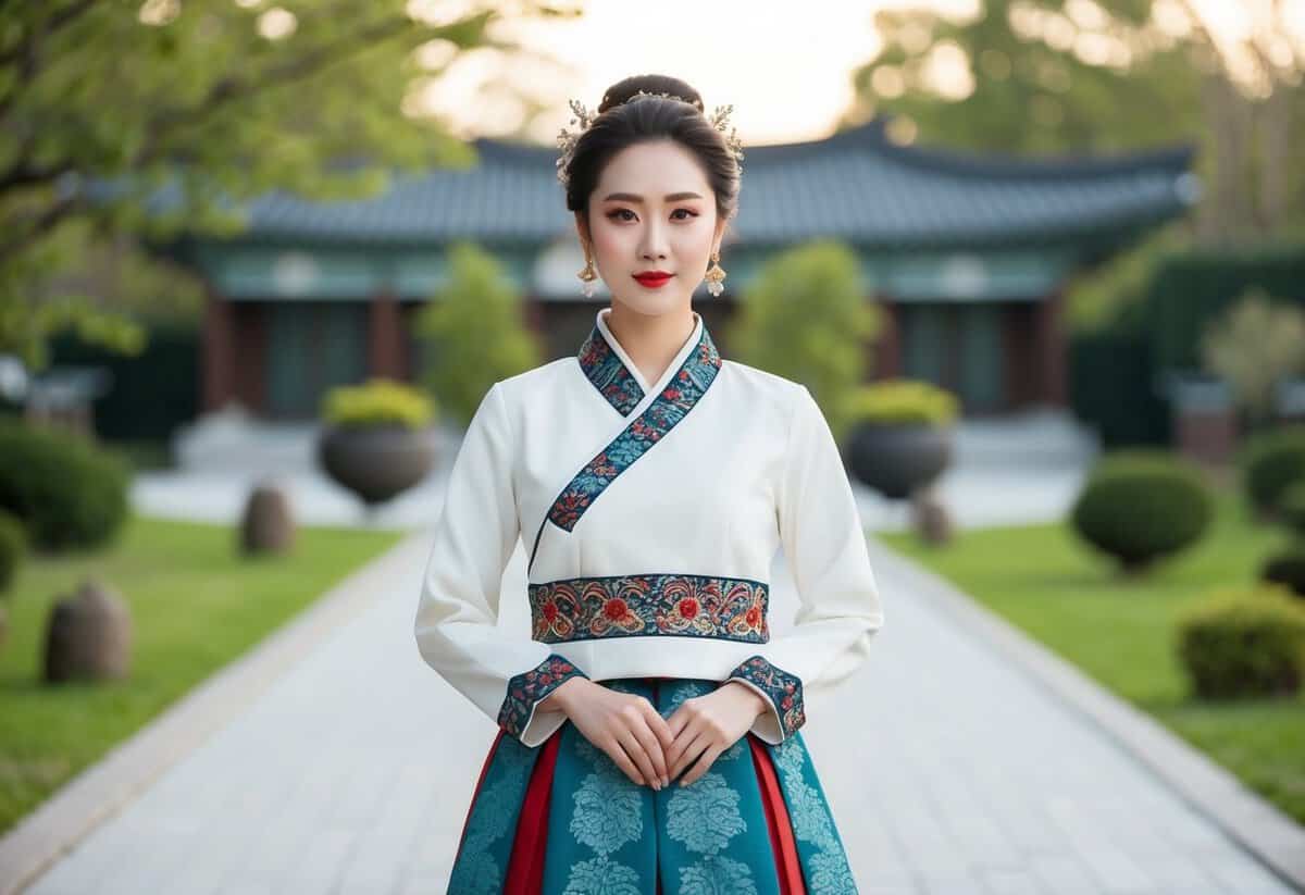 A bride in a modern Jeogori-inspired top, with intricate embroidery and traditional Korean patterns, standing in a serene garden