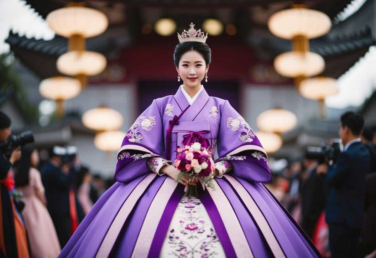 A regal violet princess gown with intricate Korean wedding dress details