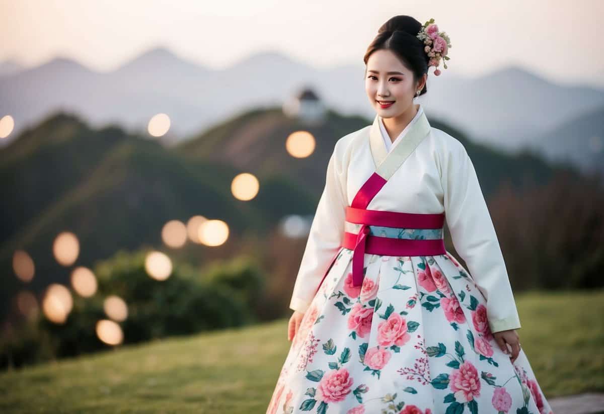 A bride wearing a floral print skirt with traditional Korean wedding attire