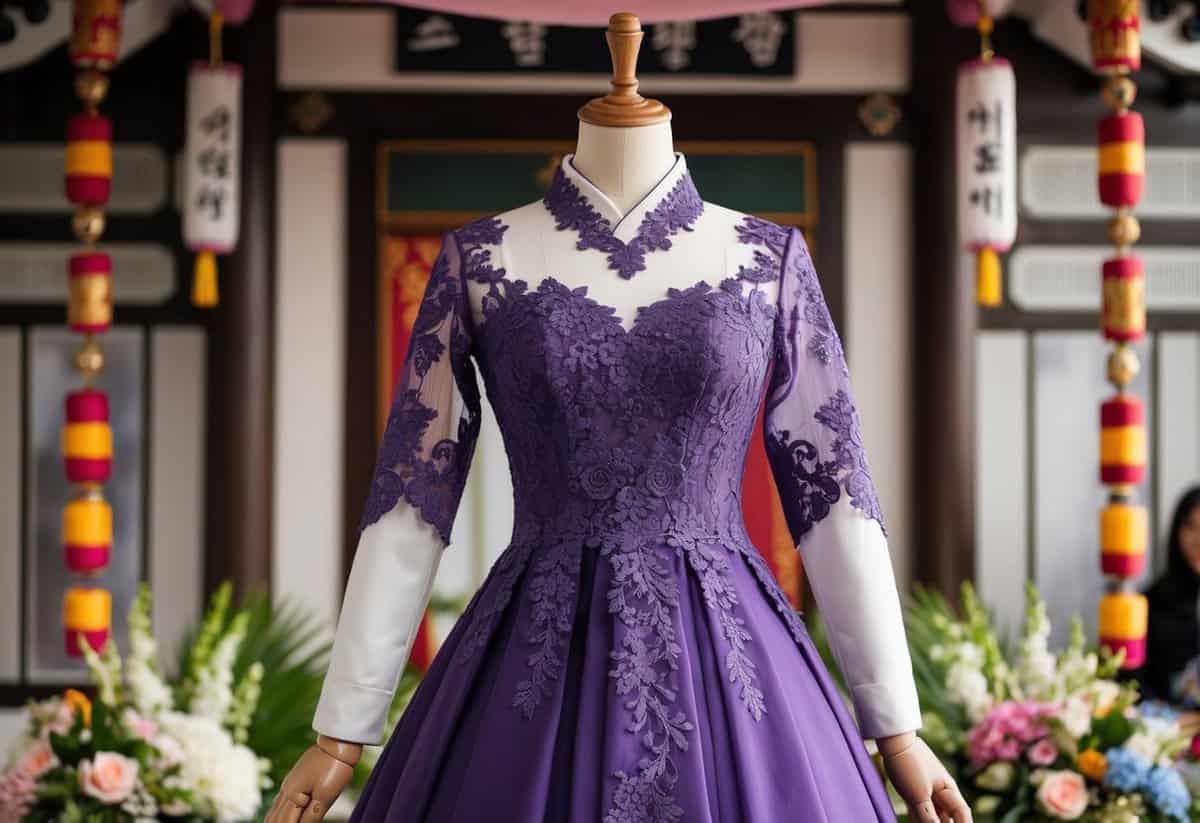 An elegant amethyst lace dress displayed on a mannequin, surrounded by Korean wedding decor and traditional elements