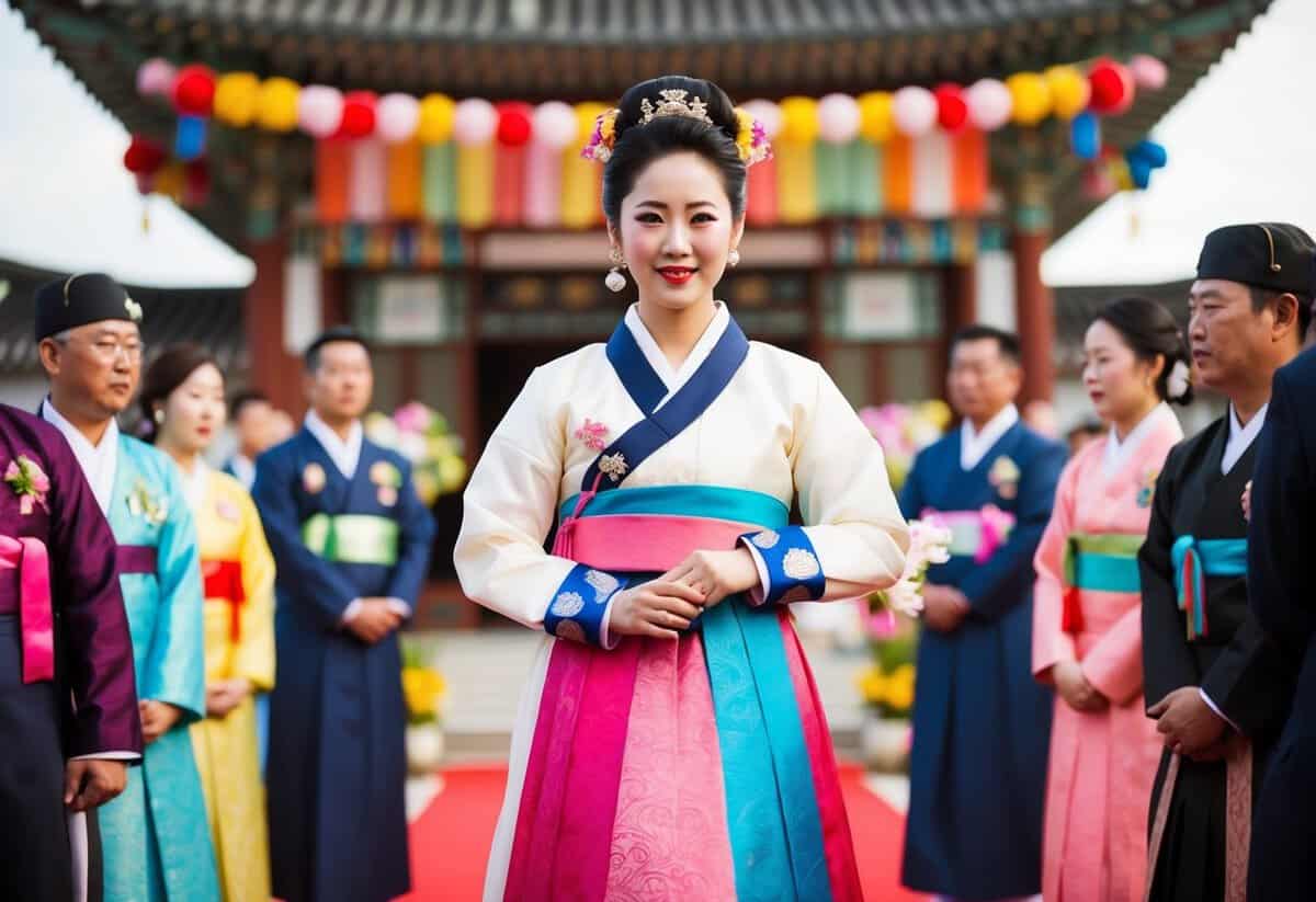 A bride in a dual-tone Hanbok stands in a traditional Korean wedding ceremony, surrounded by colorful decorations and symbolic elements