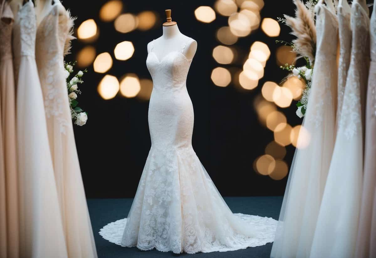 A lace mermaid gown displayed on a mannequin, surrounded by elegant Korean wedding dress ideas