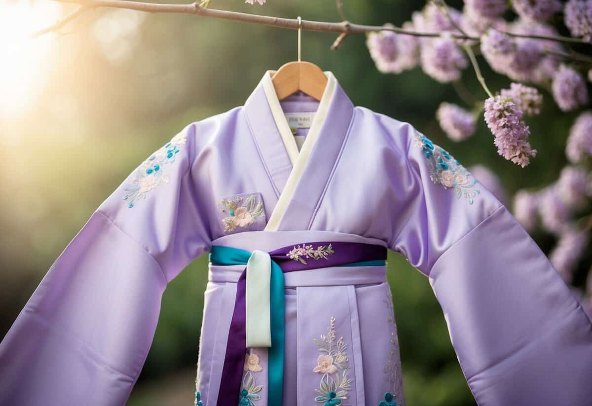 A lavender silk Hanbok draped over a hanger, with delicate embroidery and flowing fabric