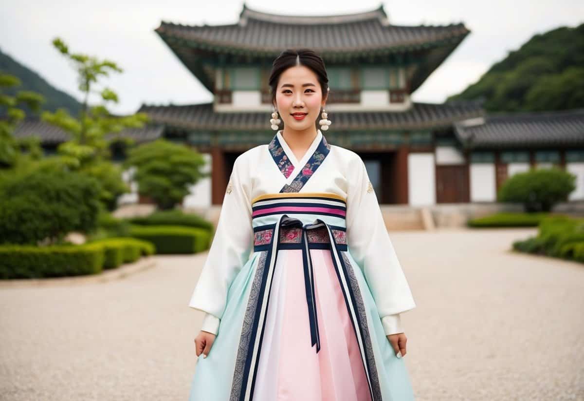 A boho-chic Hanbok wedding dress with modern elements, set against a backdrop of traditional Korean architecture and lush greenery