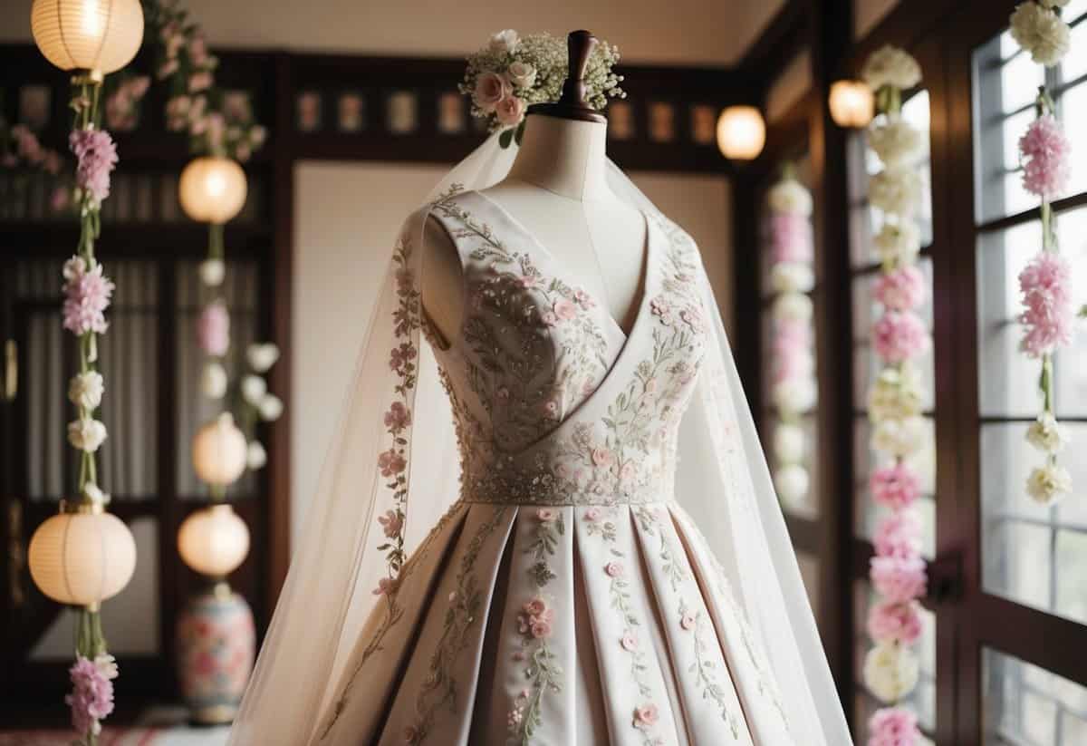 A delicate floral embellished dress draped over a mannequin, surrounded by soft lighting and traditional Korean wedding decor