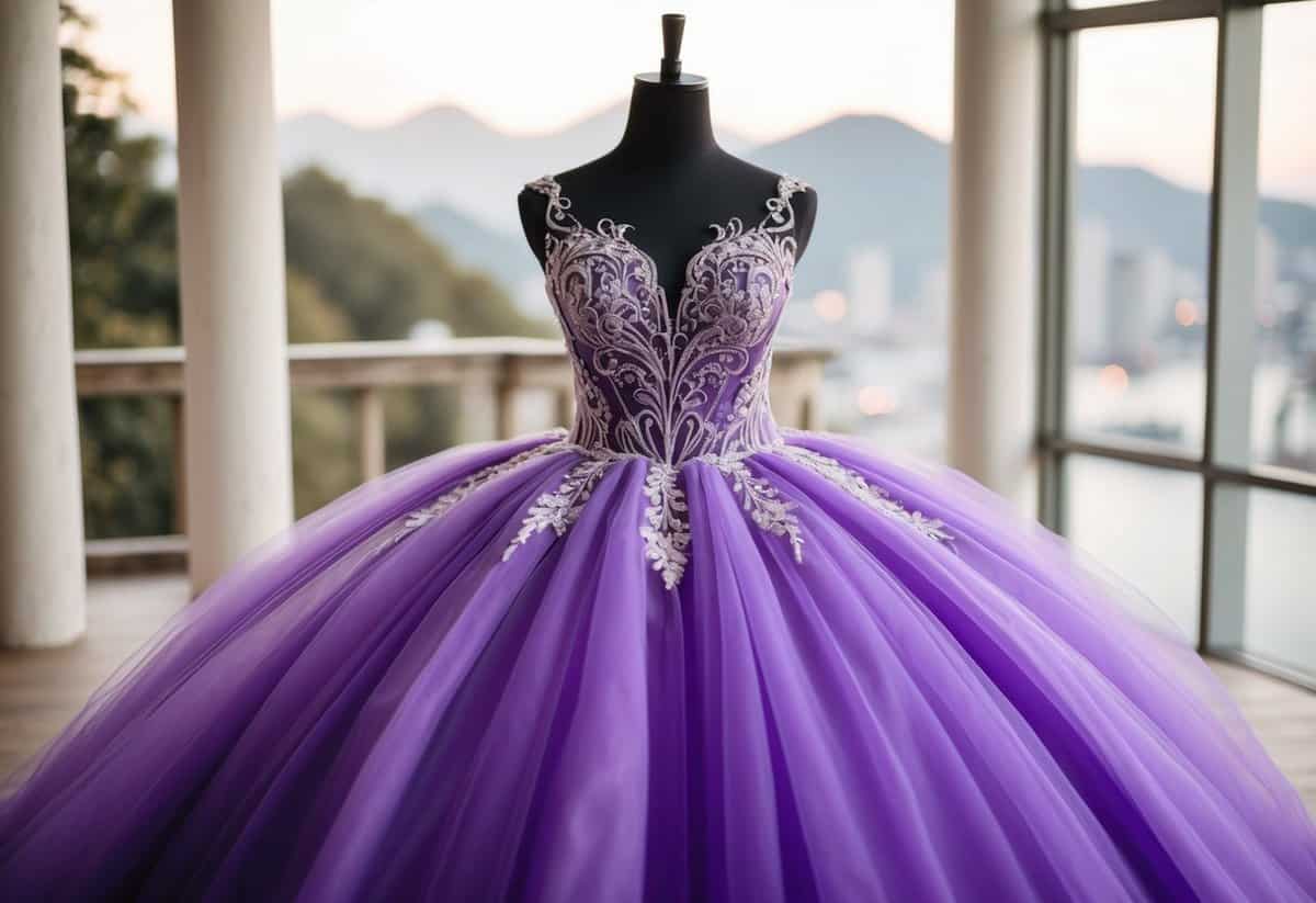 A flowing purple tulle ballgown with intricate Korean wedding dress details