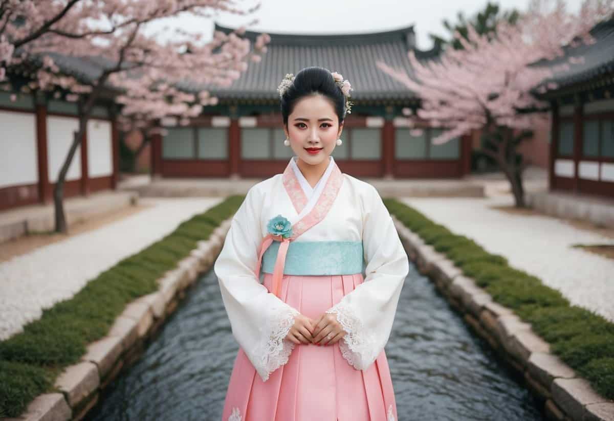 A bride in a lace-accented Hanbok stands in a traditional Korean courtyard, surrounded by blooming cherry blossoms and a flowing stream