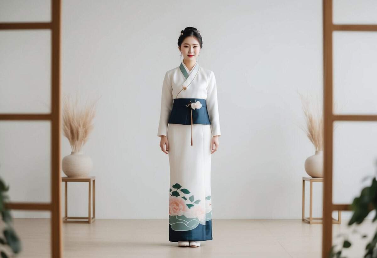 A bride in a modern slim-fit Hanbok stands in a minimalist, elegant Korean wedding setting, with traditional elements and a contemporary twist