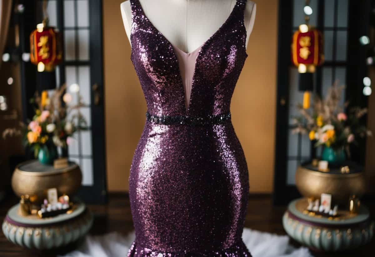 A sparkling plum sequin mermaid dress on a mannequin, surrounded by Korean wedding decor and traditional elements