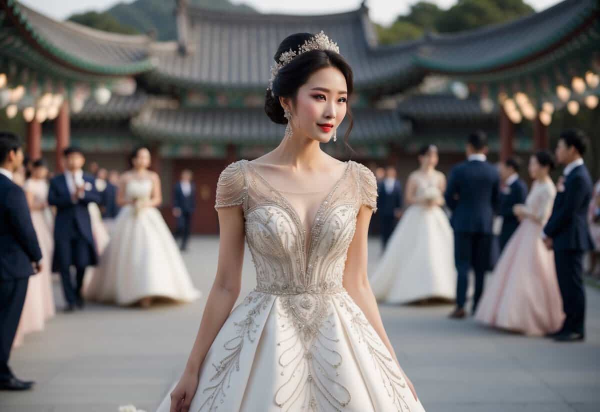 An ornate A-line dress with beaded details, inspired by elegant Korean wedding fashion