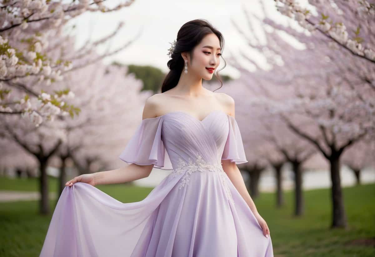 A flowing lilac off-shoulder chiffon wedding dress, with delicate Korean-inspired details, set against a backdrop of cherry blossom trees