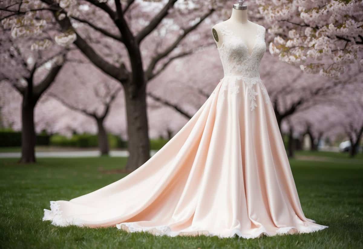 A flowing pastel satin dress with delicate lace details, set against a backdrop of cherry blossom trees in full bloom