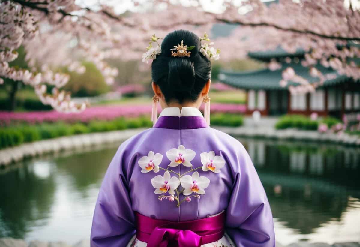 A purple Hanbok with delicate orchid embroidery, set against a traditional Korean wedding backdrop of cherry blossoms and a tranquil pond