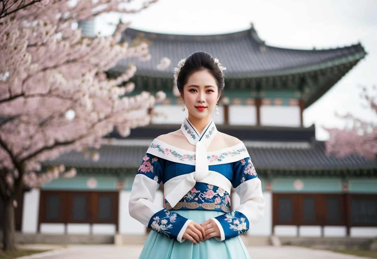 An off-shoulder Hanbok wedding dress with intricate embroidery, set against a backdrop of traditional Korean architecture and blooming cherry blossoms