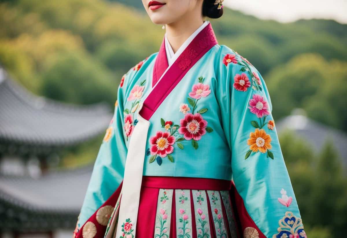 A vintage Korean wedding dress, the Hanbok with Jeogori, is delicately embroidered with intricate floral patterns and vibrant colors, creating a stunning and elegant garment