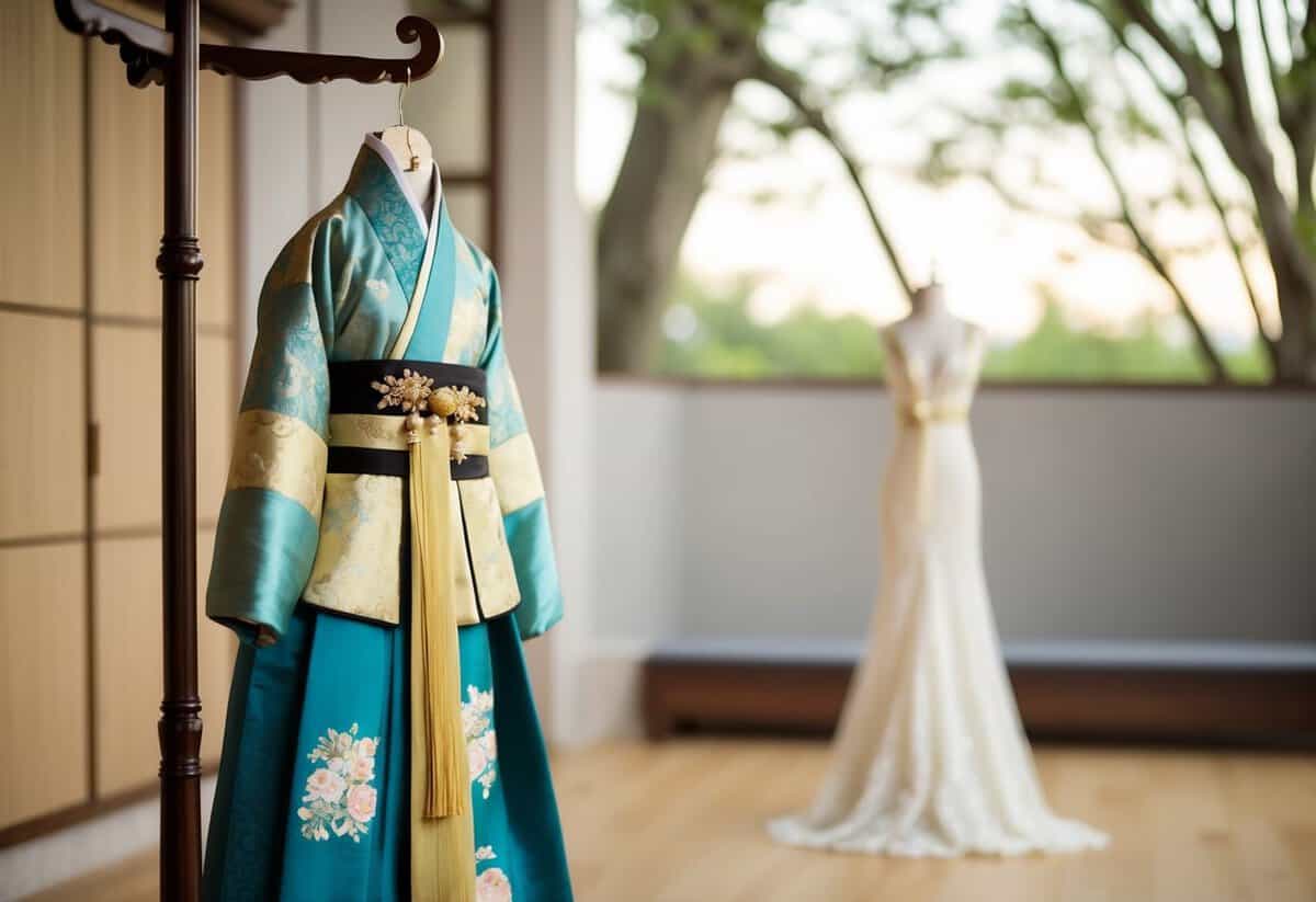 A silk Hanbok adorned with gold threads hangs on a vintage wedding dress stand