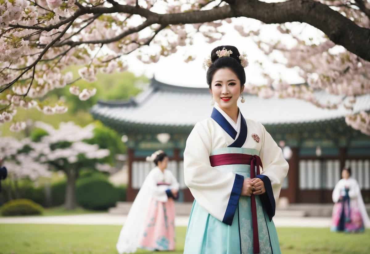 A bride in a traditional White Hanbok stands beneath a cherry blossom tree at a vintage Korean wedding ceremony