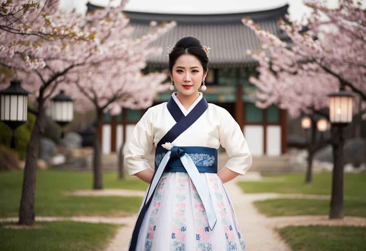 A bride stands in a Hanbok-inspired short dress, surrounded by traditional Korean wedding elements like lanterns and cherry blossom trees