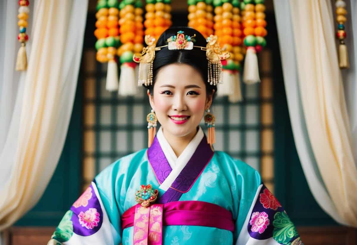 A vibrant Hanbok adorned with traditional Korean ornaments, set against a vintage wedding backdrop