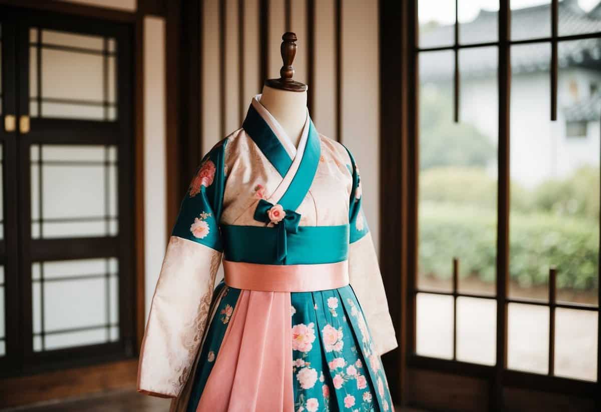 A vintage Korean wedding dress with a floral patterned hanbok displayed on a mannequin in a traditional setting