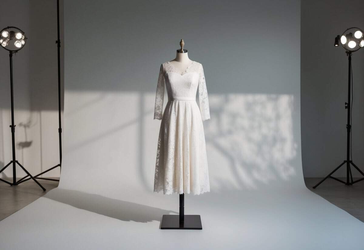 A lace-sleeved A-line dress displayed on a minimalist backdrop, with soft lighting casting delicate shadows