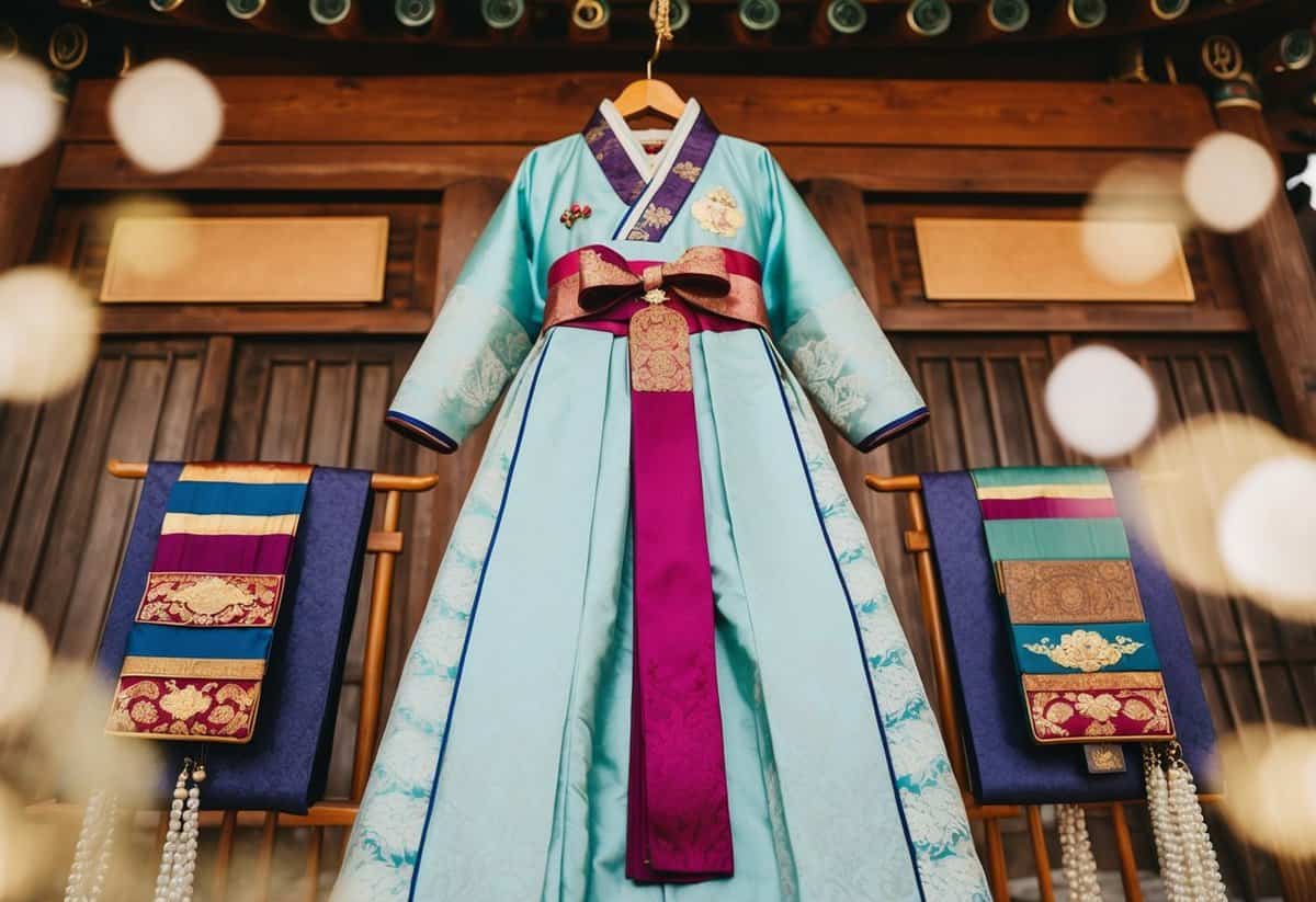 An antique Hanbok with Norigae hangs on a vintage wooden hanger, surrounded by traditional Korean wedding accessories