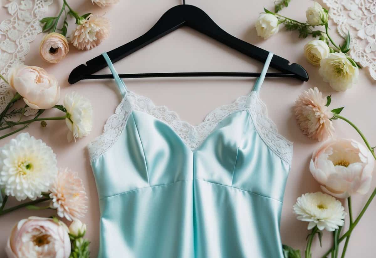 A satin slip dress on a hanger, surrounded by soft pastel flowers and delicate lace details