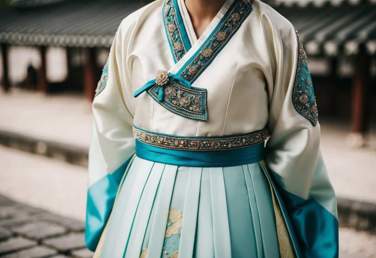 A vintage Korean wedding dress with intricate beadwork and traditional hanbok silhouette