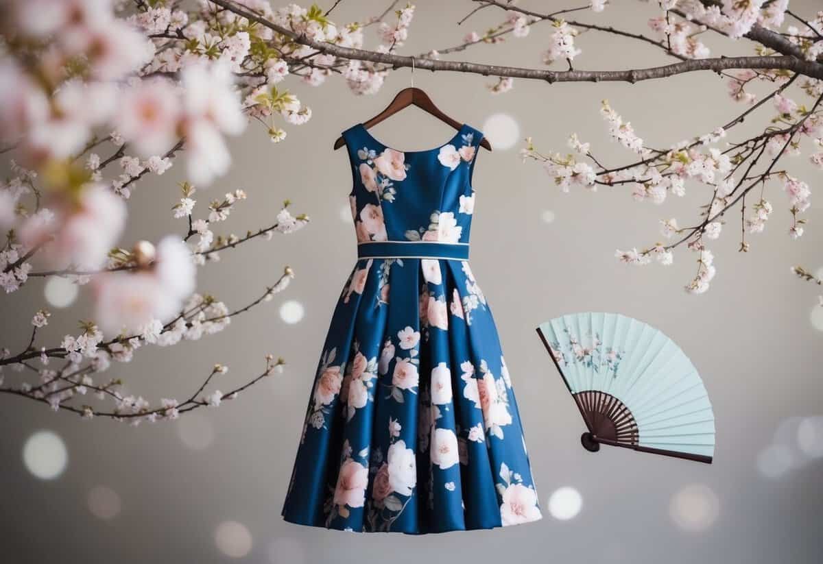 A tea-length floral dress hangs on a hanger, surrounded by delicate cherry blossom branches and a traditional Korean wedding fan