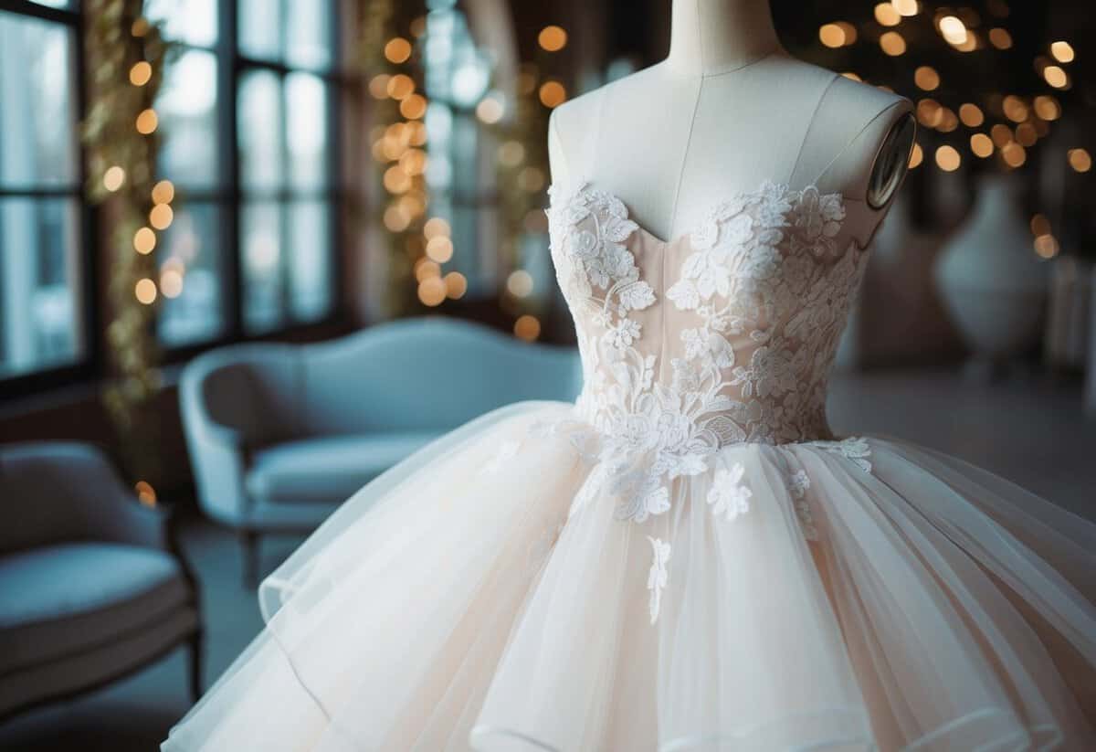 A tulle layered ball gown on a dress form with delicate lace and floral details