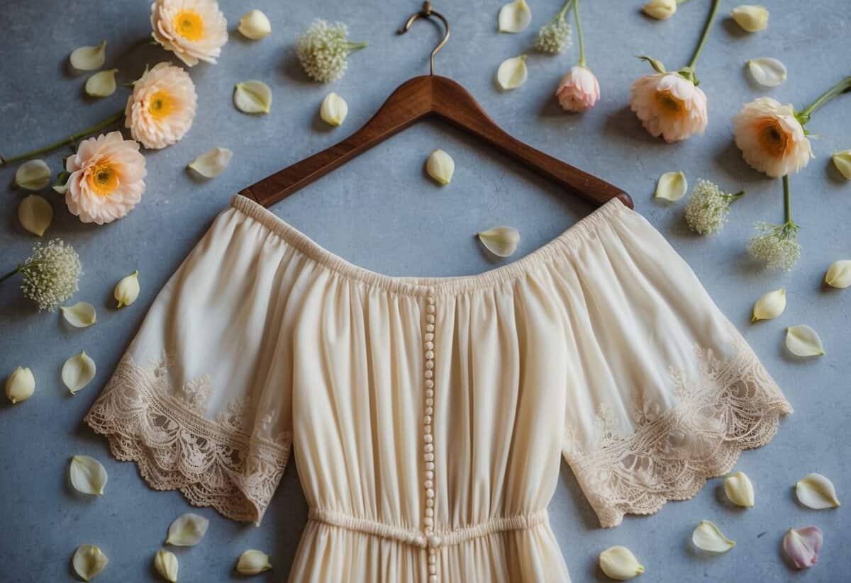 A bohemian off-shoulder dress hanging on a rustic wooden hanger, surrounded by delicate flower petals and vintage lace