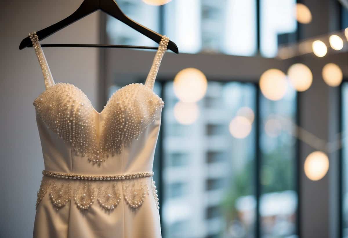 A mermaid-style wedding dress with pearl bead detailing, inspired by Korean fashion, hangs delicately on a hanger