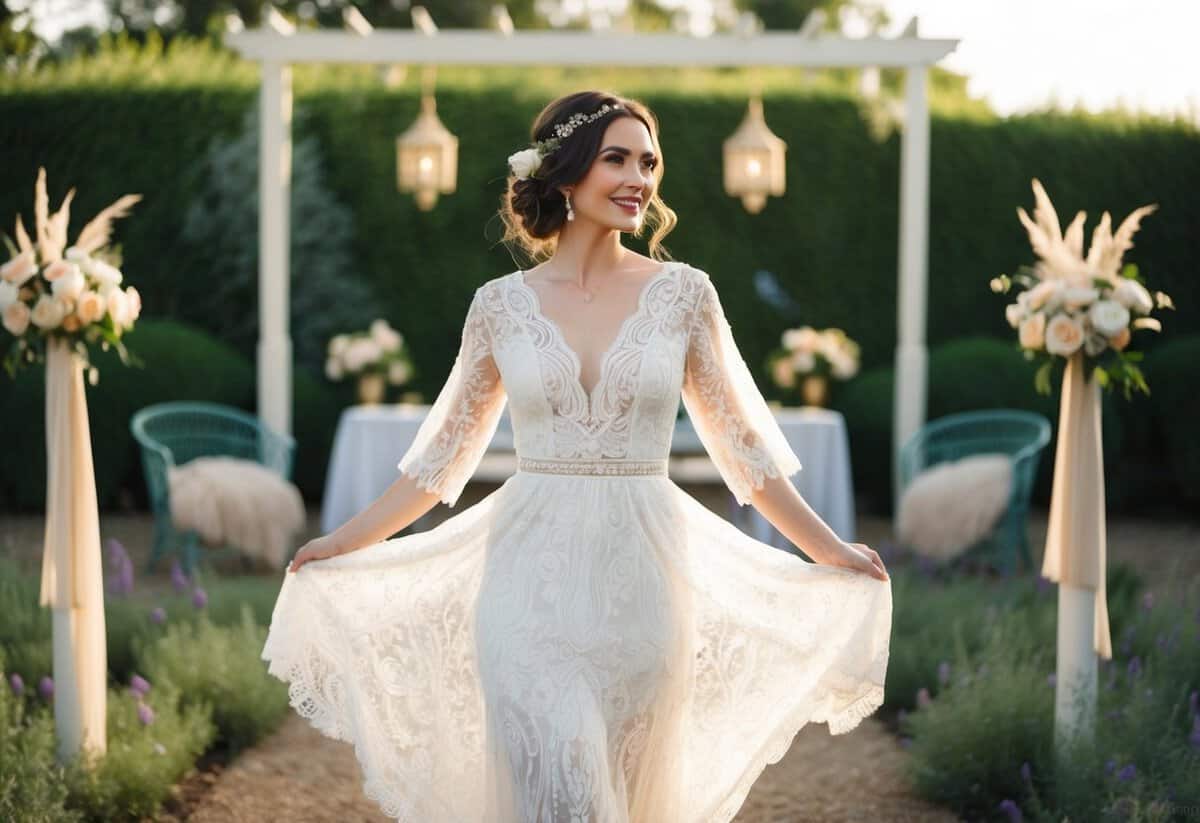 A bride wearing a flowing Bohemian lace wedding dress, standing in a garden with vintage 1920s decor and a soft, romantic atmosphere